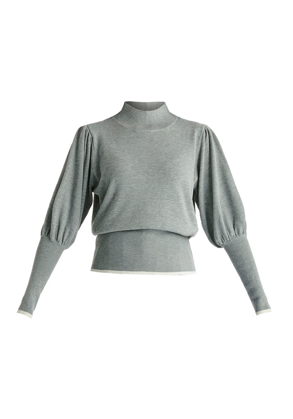 High Neck Knitted Top with Contrast Trim in Grey Cutout